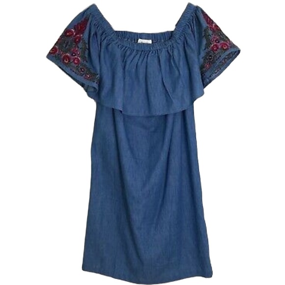 SUGAR LIPS off shoulder chambray embroidered dress - Picture 2 of 9